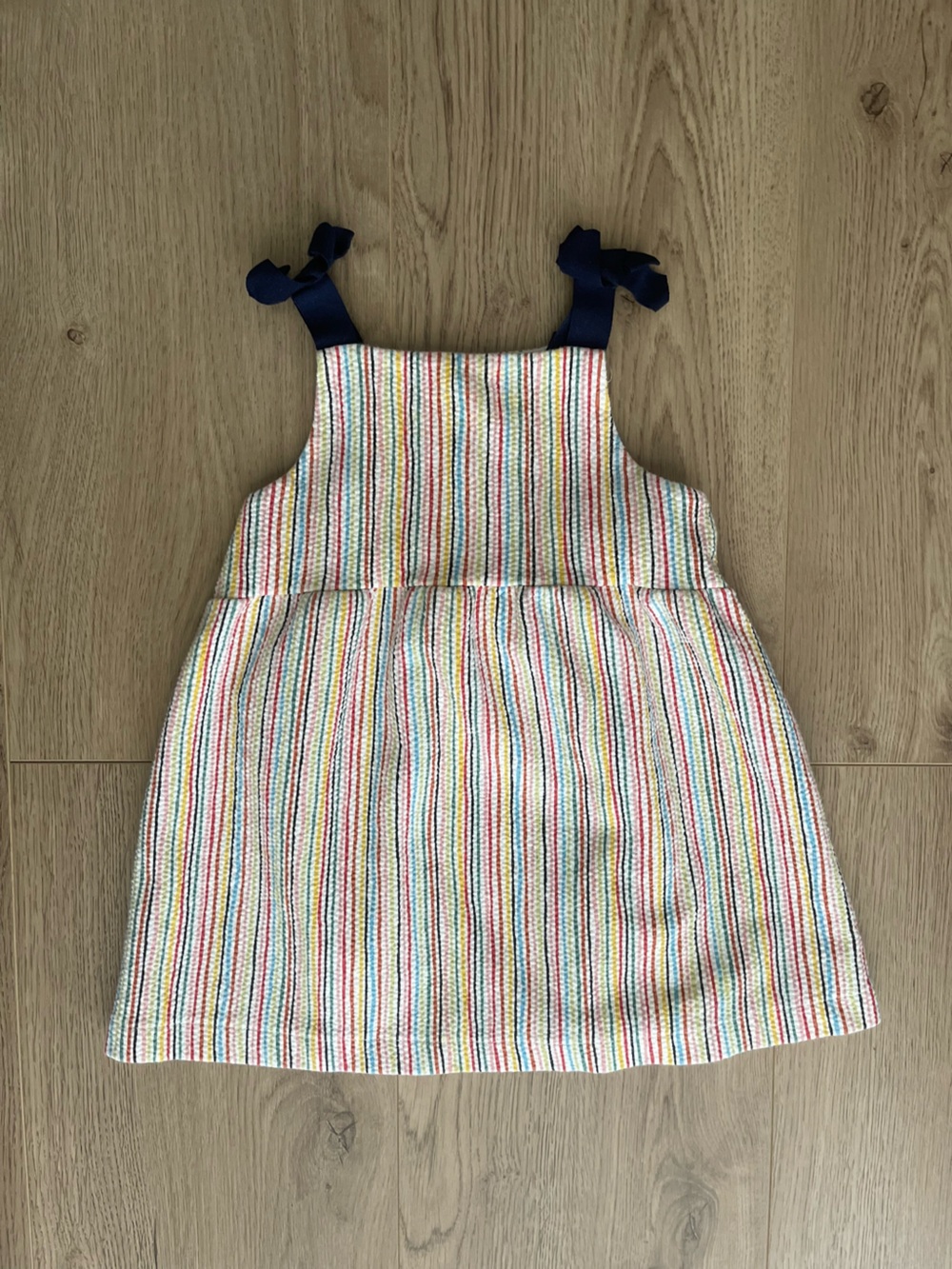 ZARA Girls' Rainbow Stripe Dress with Navy Shoulder Ties (18-24 months)